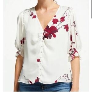 Joie Cream V-Neck Button Front Blouse with Red Floral Print